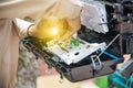 Technicians install cabinet on fiber optic cable. Royalty Free Stock Photo