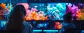 Technicians Monitoring Vibrant Coral Reef Display on Multiple Screens in a HighTech Control Room