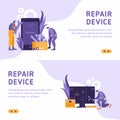 Technicians repair big broken smartphone with screwdriver, wrench and laptop. Smartphone repair, cell phone service, same day