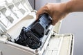 Technicians replacing toner in laser printer concept office supplies repair