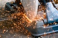 Technicians are using Fiber cutting platform tools to cut steel for construction.Industry in construction site concept