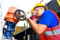 Technicians working on valve in factory or utility Royalty Free Stock Photo