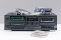 Technics stereo double cassette deck with tapes on top