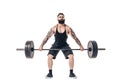 The technique of doing an exercise of deadlift with a barbell of a muscular strong tattooed bearded sports men on a Royalty Free Stock Photo