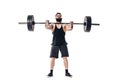 The technique of doing an exercise of deadlift with a barbell of a muscular strong tattooed bearded sports men on a Royalty Free Stock Photo