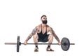 The technique of doing an exercise of deadlift with a barbell of a young strong bearded sports men on a white isolated Royalty Free Stock Photo