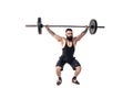 The technique of doing an exercise of deadlift with a barbell of a young strong bearded sports men on a white isolated Royalty Free Stock Photo