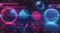 Techno banner set inspired by Y2k aesthetics. Modern illustration of retrowave style posters with geometric lines and