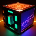 Small glowing cube with circuit board pattern. AI generated image. Royalty Free Stock Photo