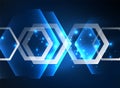 Techno glowing glass hexagons vector background