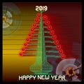 Techno Happy 2019. Technologic Christmas tree. Vector illustration of 2019 new year greetings Royalty Free Stock Photo