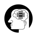Techno Human Head Vector Logo Concept Illustration. Creative Idea Sign. Learning Icon. People Computer Chip. Innovation Technology