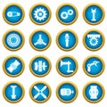 Techno mechanisms kit icons blue circle set