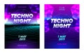 Techno Night Banners Set with Typography, Synthwave Neon Grid Futuristic Background with Low Poly Triangulars Royalty Free Stock Photo