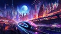 Techno Odyssey: Futuristic Spaceship Ascending into Neon Cityscape