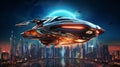 Techno Odyssey: Futuristic Spaceship Ascending into Neon Cityscape