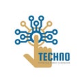 Techno - vector logo template concept illustration. Human hand touch computer electronic chip. Modern technology design element Royalty Free Stock Photo