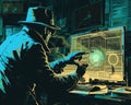 A technoir illustration of a detective analyzing a computer screen discovering hidden bug traces in the software