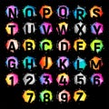 Technological alphabet on a geometric figures with transparent overlay effect. Bright colorful collection letters on