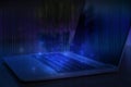 Technological background. Laptop with stripes of light on blue. Learn programming language, computer courses, training