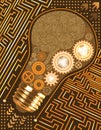 Technological background with light bulb, gears and microchip of brown, orange, yellow, and white shades. Human brain circuit boar