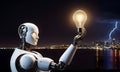 Technological Brilliance: Robot Holding Illuminated Bulb, AI Generated Royalty Free Stock Photo
