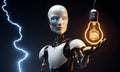 Technological Brilliance: Robot Holding Illuminated Bulb, AI Generated Royalty Free Stock Photo