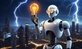 Technological Brilliance: Robot Holding Illuminated Bulb, AI Generated Royalty Free Stock Photo