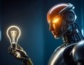 Technological Brilliance: Robot Holding Illuminated Bulb, AI Generated Royalty Free Stock Photo