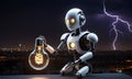 Technological Brilliance: Robot Holding Illuminated Bulb, AI Generated Royalty Free Stock Photo