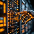 "Technological Connection: A Robotic Hand Engages with Digital Interfaces"