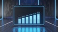 Technological Data Visualization: Glowing Blue Bar Chart Showing Growth on a Digital Screen in a Futuristic Sci-Fi Room with Neon Royalty Free Stock Photo