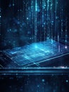 Technological design showcasing a glowing digital interface with data streams and vibrant blue light effects in a dark Royalty Free Stock Photo
