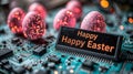 Technological Easter: Easter Eggs with Easter Greetings and Printed Circuit Boards, Symbol of Progress and Technological Future