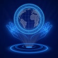 Technological ecology concept with hologram - holographic globe with continents over open hands - computer hologram technology