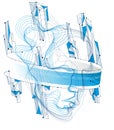 Technological evolution time, digital software soul of machine, human head vector portrait made of dotted particles flow in wave