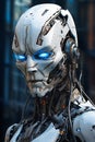 Technological Guardians: A Closeup Portrait of a Blue-Eyed Robot Royalty Free Stock Photo