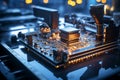 Technological hub microelectronics chip factory with machines, robots, conveyor in operation