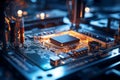 Technological hub microelectronics chip factory with machines, robots, conveyor in operation