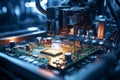 Technological hub microelectronics chip factory with machines, robots, conveyor in operation