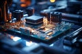 Technological hub microelectronics chip factory with machines, robots, conveyor in operation