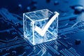 Technological image checkmark in transparent cube amid intricate blue circuits