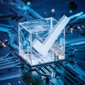 Technological image checkmark in transparent cube amid intricate blue circuits