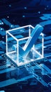 Technological image checkmark in transparent cube amid intricate blue circuits