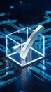 Technological image checkmark in transparent cube amid intricate blue circuits