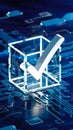Technological image checkmark in transparent cube amid intricate blue circuits