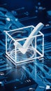Technological image checkmark in transparent cube amid intricate blue circuits