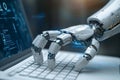 Technological innovation AI robot hand on keyboard in digital design
