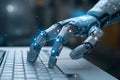 Technological innovation AI robot hand on keyboard in digital design