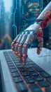 Technological innovation AI robot hand on keyboard in digital design